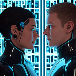 **

Prompt: "End-to-end encryption in a virtual world chat. Two avatars having a private conversation with a visual representation of a secure, encrypted connection. Futuristic, digital aesthetic."

**