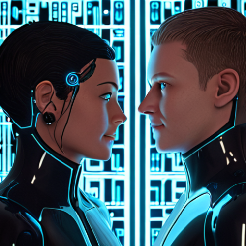 Home 22 **
Prompt: "End-to-end encryption in a virtual world chat. Two avatars having a private conversation with a visual representation of a secure, encrypted connection. Futuristic, digital aesthetic."
**