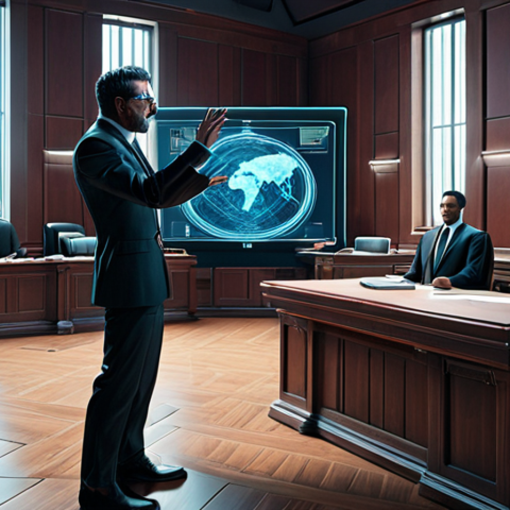 **

"A lawyer in a futuristic, digital courtroom, arguing a case about virtual land rights in the Metaverse, holographic avatars watching."

**