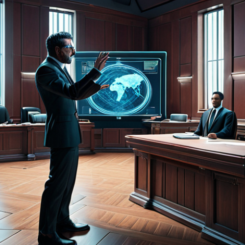 **

"A lawyer in a futuristic, digital courtroom, arguing a case about virtual land rights in the Metaverse, holographic avatars watching."

**