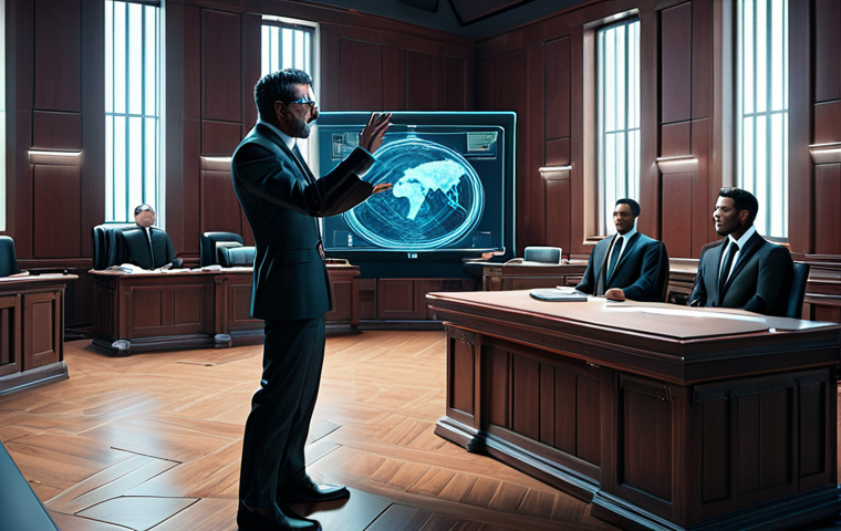 **

"A lawyer in a futuristic, digital courtroom, arguing a case about virtual land rights in the Metaverse, holographic avatars watching."

**