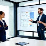 A diverse group of adult professionals, fully clothed in modern, modest business attire, collaborating actively around a sleek, interactive digital display in a bright, open-plan office. The display shows an abstract, dynamic network diagram illustrating decentralized decision-making and transparent information flow. The background features large windows with a soft, blurred urban view, and contemporary office furniture. The scene emphasizes teamwork, shared vision, and a culture of trust. safe for work, appropriate content, fully clothed, professional dress, perfect anatomy, correct proportions, natural pose, well-formed hands, proper finger count, natural body proportions, high quality, professional photography.