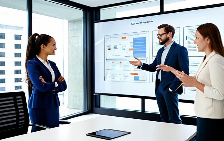 A diverse group of adult professionals, fully clothed in modern, modest business attire, collaborating actively around a sleek, interactive digital display in a bright, open-plan office. The display shows an abstract, dynamic network diagram illustrating decentralized decision-making and transparent information flow. The background features large windows with a soft, blurred urban view, and contemporary office furniture. The scene emphasizes teamwork, shared vision, and a culture of trust. safe for work, appropriate content, fully clothed, professional dress, perfect anatomy, correct proportions, natural pose, well-formed hands, proper finger count, natural body proportions, high quality, professional photography.