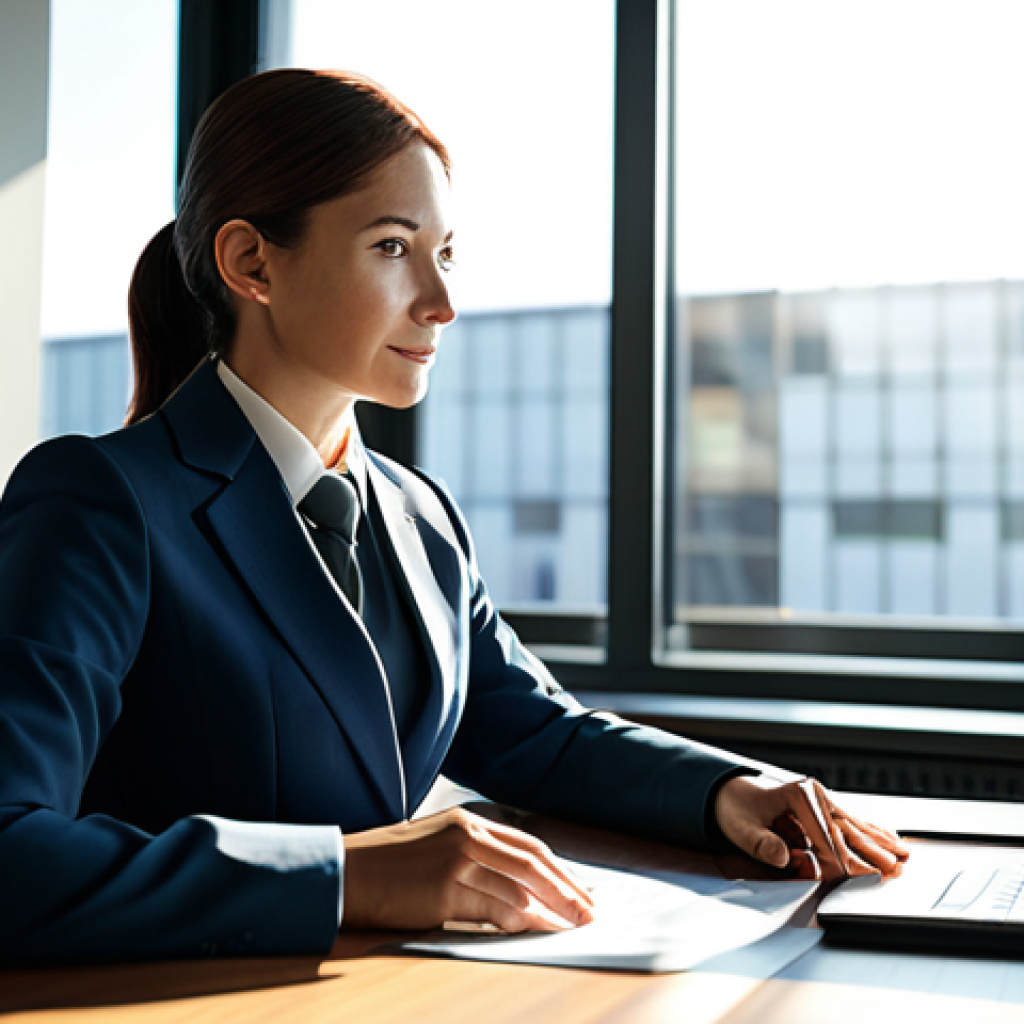 **
"Modern office setting. A professional businesswoman in a modest business suit sits at a desk. Sunlight streams through the window, highlighting the clean lines of the office and a graph showing economic growth. Appropriate attire, perfect anatomy, natural proportions, safe for work, professional."
**
