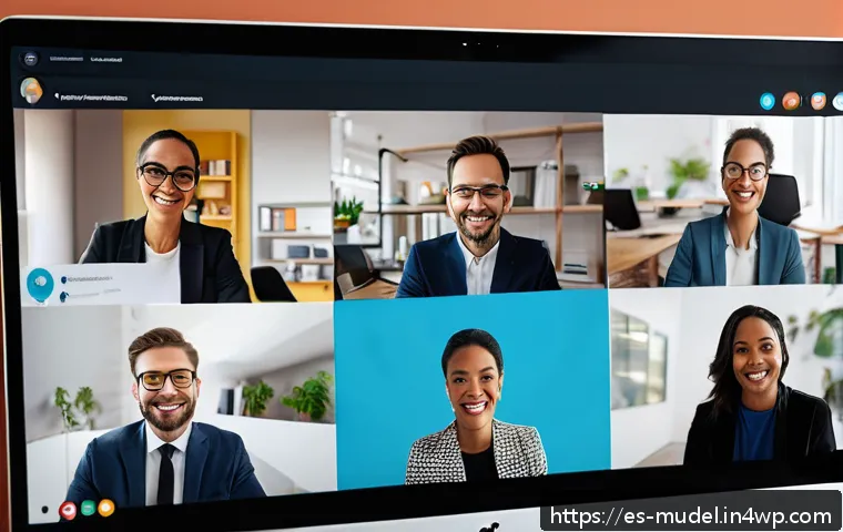 가상 환경 내 이해관계자 관리와 거버넌스 - A diverse remote team engaged in a lively virtual meeting on a large computer screen, showing active...