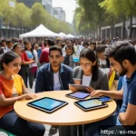 Home 20 거버넌스 모델의 변화와 사회적 요구 - A vibrant community assembly in a modern urban plaza in Mexico City, showing diverse citizens active...