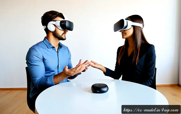 Home 17 가상 세계 내 분쟁 해결 메커니즘 - Photorealistic scene of two Spanish-speaking young professionals wearing sleek virtual reality heads...